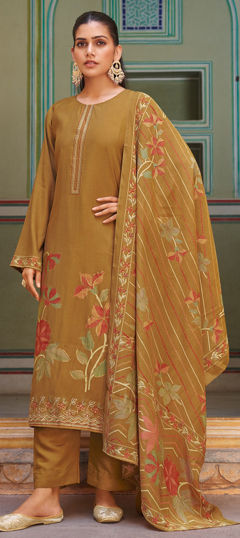 Beige and Brown color Salwar Kameez in Muslin fabric with Digital Print, Embroidered, Foil Print, Printed work