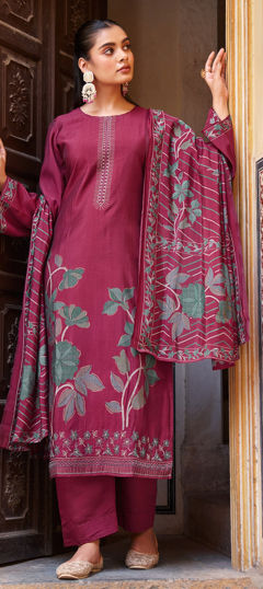 Red and Maroon color Salwar Kameez in Muslin fabric with Digital Print, Embroidered, Foil Print, Printed work