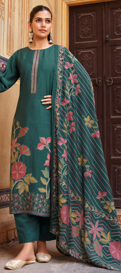 Green color Salwar Kameez in Muslin fabric with Digital Print, Embroidered, Foil Print work