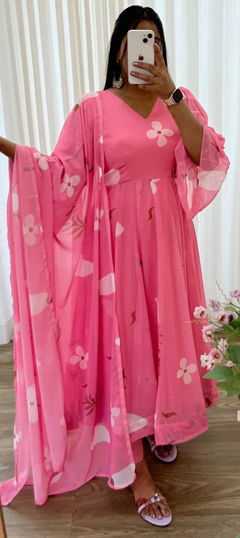 Pink and Majenta color Salwar Kameez in Faux Georgette fabric with Printed work