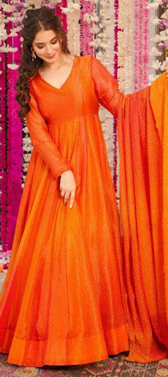 Orange color Gown in Silk fabric with Digital Print work