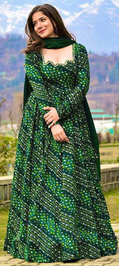 Green color Gown in Rayon fabric with Bandhej, Digital Print work