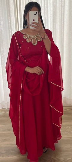 Red and Maroon color Gown in Georgette fabric with Fancy Work work