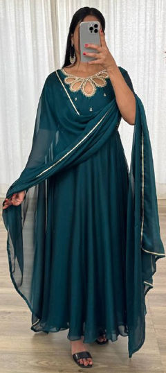 Green color Gown in Georgette fabric with Fancy Work work