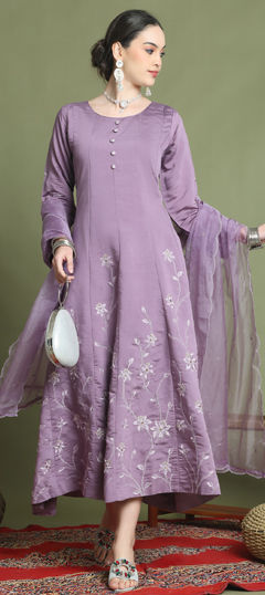 Purple and Violet color Gown in Muslin fabric with Embroidered, Sequence, Zari work