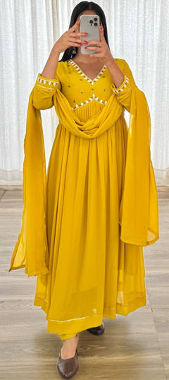 Yellow color Gown in Faux Georgette fabric with Embroidered, Sequence, Thread work