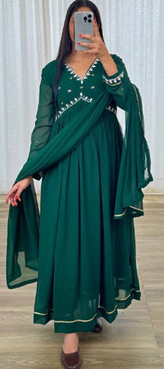 Blue color Gown in Faux Georgette fabric with Embroidered, Sequence, Thread work