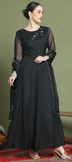 Black and Grey color Gown in Organza Silk fabric with Stone, Zardozi work