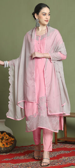 Pink and Majenta color Salwar Kameez in Muslin fabric with Embroidered, Moti, Thread, Zari work