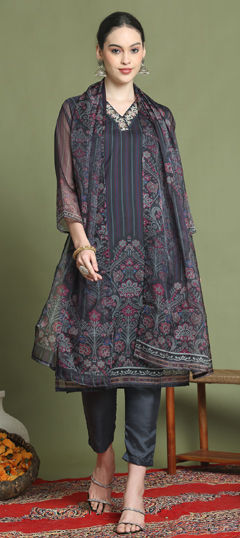 Black and Grey color Salwar Kameez in Organza Silk fabric with Digital Print, Zardozi work