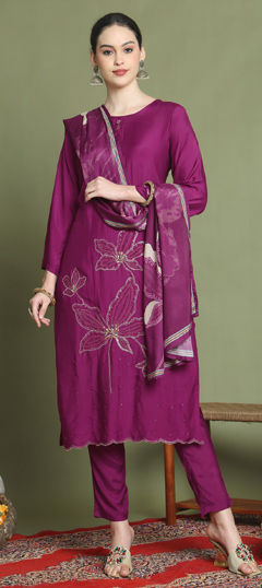 Pink and Majenta color Salwar Kameez in Muslin fabric with Embroidered, Sequence, Thread, Zari work