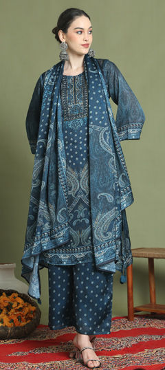 Blue color Salwar Kameez in Satin Silk fabric with Digital Print, Sequence work