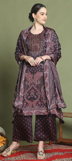 Red and Maroon color Salwar Kameez in Satin Silk fabric with Digital Print, Sequence work