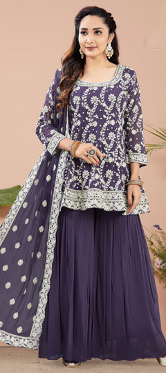 Purple and Violet color Salwar Kameez in Georgette fabric with Embroidered, Sequence, Thread work