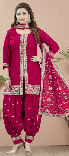 Red and Maroon color Salwar Kameez in Silk fabric with Embroidered, Resham, Thread, Zari work