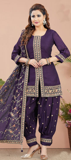 Purple and Violet color Salwar Kameez in Silk fabric with Embroidered, Resham, Thread, Zari work