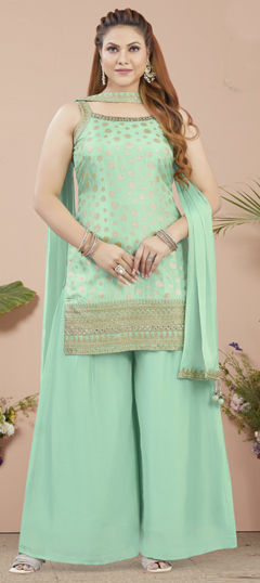 Green color Salwar Kameez in Silk fabric with Embroidered, Mirror, Sequence, Thread, Weaving, Zari work