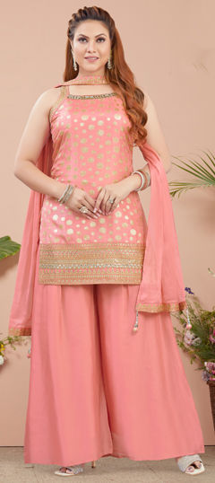 Pink and Majenta color Salwar Kameez in Silk fabric with Embroidered, Mirror, Sequence, Thread, Weaving, Zari work
