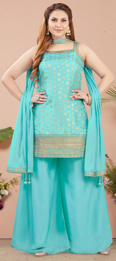 Blue color Salwar Kameez in Silk fabric with Embroidered, Mirror, Sequence, Thread, Zari work