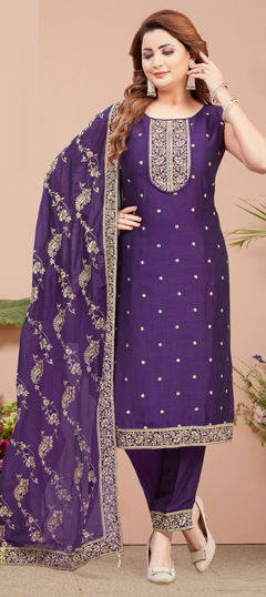 Purple and Violet color Salwar Kameez in Silk fabric with Embroidered, Thread, Zari work