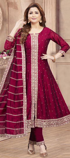 Red and Maroon color Salwar Kameez in Silk fabric with Embroidered, Thread, Zari work