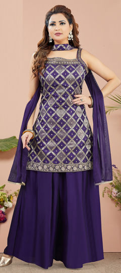 Purple and Violet color Salwar Kameez in Silk fabric with Embroidered, Sequence, Thread, Weaving, Zari work