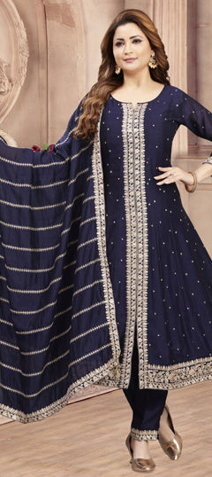 Blue color Salwar Kameez in Silk fabric with Embroidered, Thread, Zari work