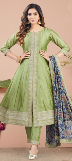 Green color Salwar Kameez in Silk fabric with Embroidered, Thread, Zari work