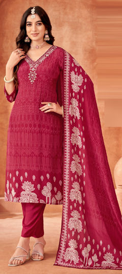 Pink and Majenta color Salwar Kameez in Shimmer, Tissue fabric with Cut Dana, Printed, Sequence, Thread work