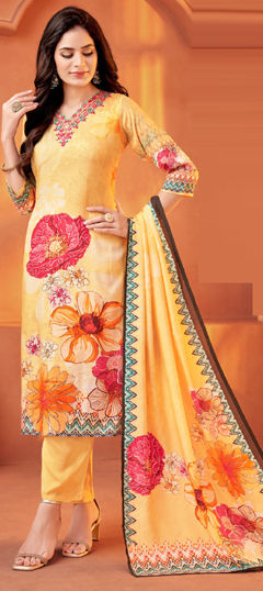 Yellow color Salwar Kameez in Shimmer, Tissue fabric with Embroidered, Floral, Printed, Resham work