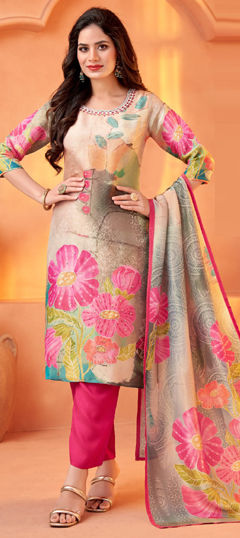 Multicolor color Salwar Kameez in Shimmer, Tissue fabric with Bugle Beads, Embroidered, Floral, Printed, Thread work