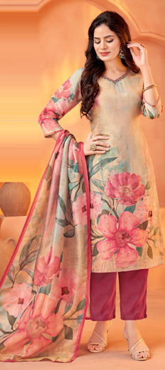 Beige and Brown color Salwar Kameez in Shimmer, Tissue fabric with Bugle Beads, Embroidered, Floral, Printed work