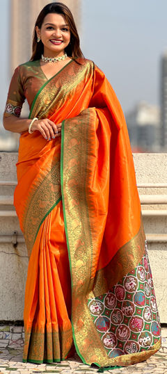 Orange color Saree in Tissue fabric with Weaving, Zari work