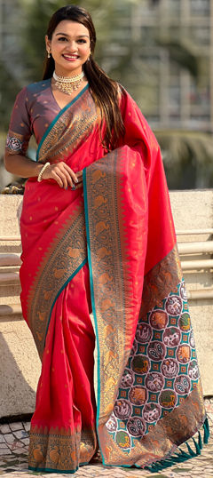 Red and Maroon color Saree in Tissue fabric with Weaving, Zari work