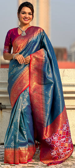 Blue color Saree in Tissue fabric with Weaving, Zari work