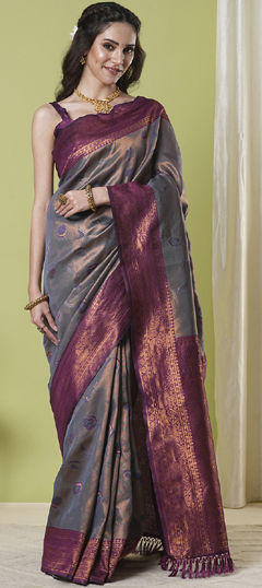 Black and Grey color Saree in Banarasi Silk fabric with Weaving, Zari work