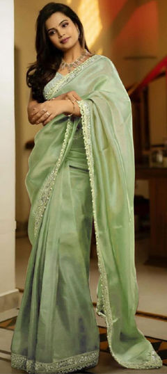 Green color Saree in Tissue fabric with Bugle Beads, Lace, Sequence work