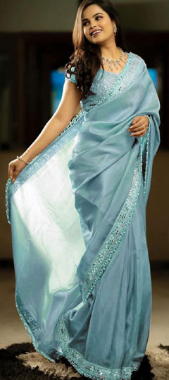 Blue color Saree in Tissue fabric with Bugle Beads, Lace, Sequence work