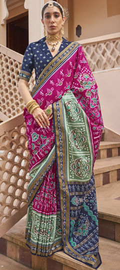 Blue, Pink and Majenta color Saree in Art Silk fabric with Printed work