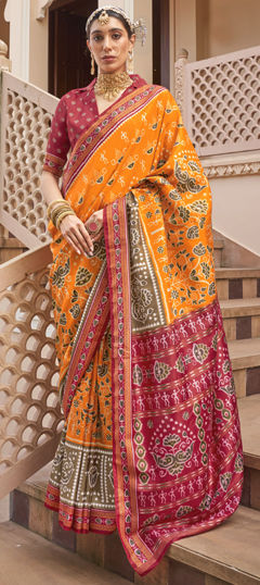 Red and Maroon, Yellow color Saree in Art Silk fabric with Printed work