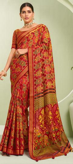 Red and Maroon color Saree in Georgette fabric with Printed, Weaving work