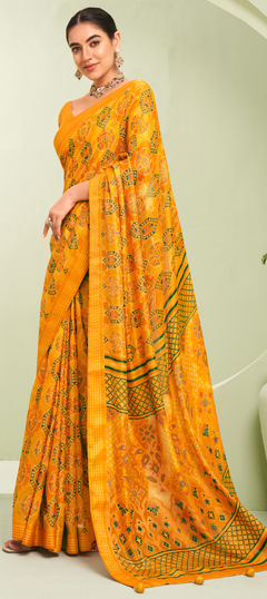 Yellow color Saree in Georgette fabric with Printed, Weaving work