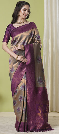 Beige and Brown color Saree in Banarasi Silk fabric with Weaving, Zari work