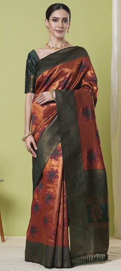 Orange color Saree in Banarasi Silk fabric with Weaving, Zari work