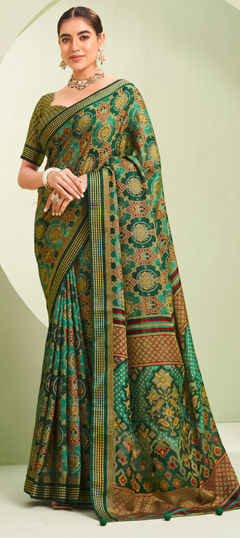 Green color Saree in Georgette fabric with Printed, Weaving work