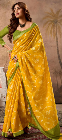 Yellow color Saree in Cotton fabric with Printed work