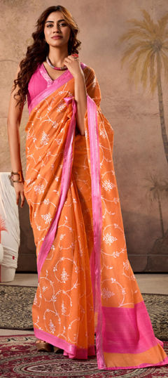 Orange color Saree in Cotton fabric with Printed work