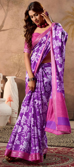 Purple and Violet color Saree in Cotton fabric with Floral, Printed work