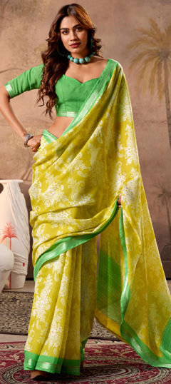 Yellow color Saree in Cotton fabric with Floral, Printed work