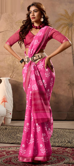 Pink and Majenta color Saree in Cotton fabric with Printed work